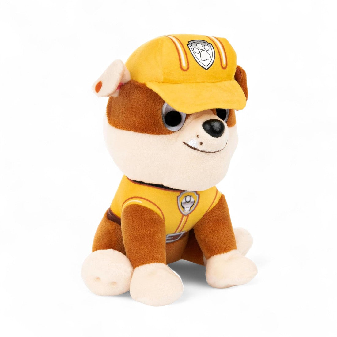 Peluche douce Ruben Pat’ Patrouille, tenue jaune avec casquette, vue de face, fond blanc.