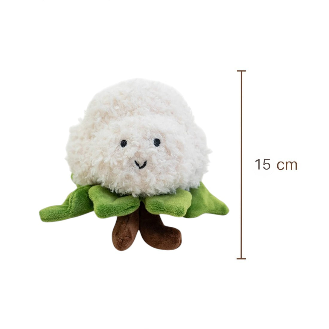 Peluche kawaii représentant un chou-fleur blanc moelleux, avec des feuilles vertes en tissu et des petites jambes marron souriantes, sur fond blanc.