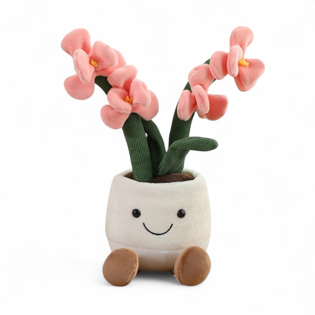 Peluche plante orchidée rose dans un pot en tissu beige souriant, sur fond blanc.