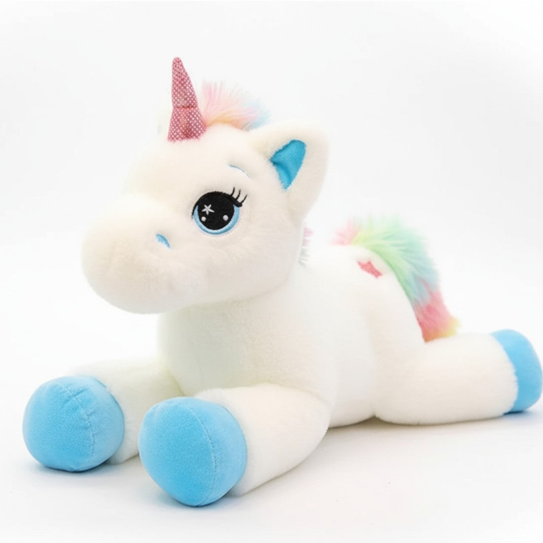 Peluche licorne arc-en-ciel allongée