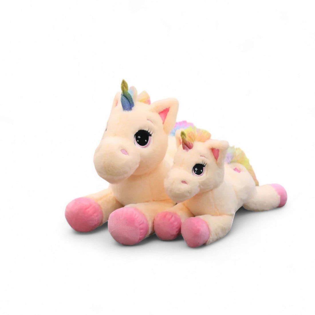 Peluche licorne arc-en-ciel allongée