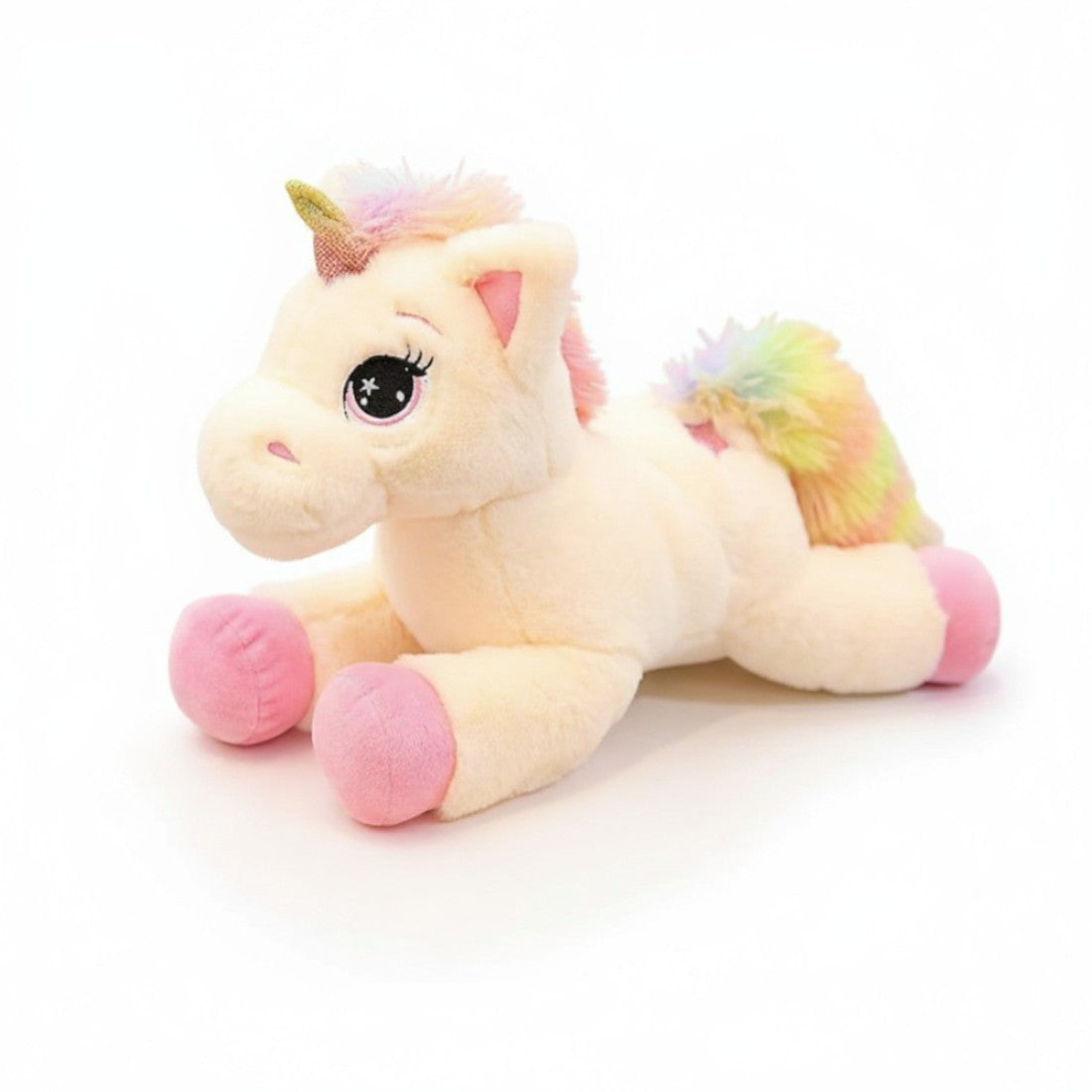 Peluche licorne arc-en-ciel allongée