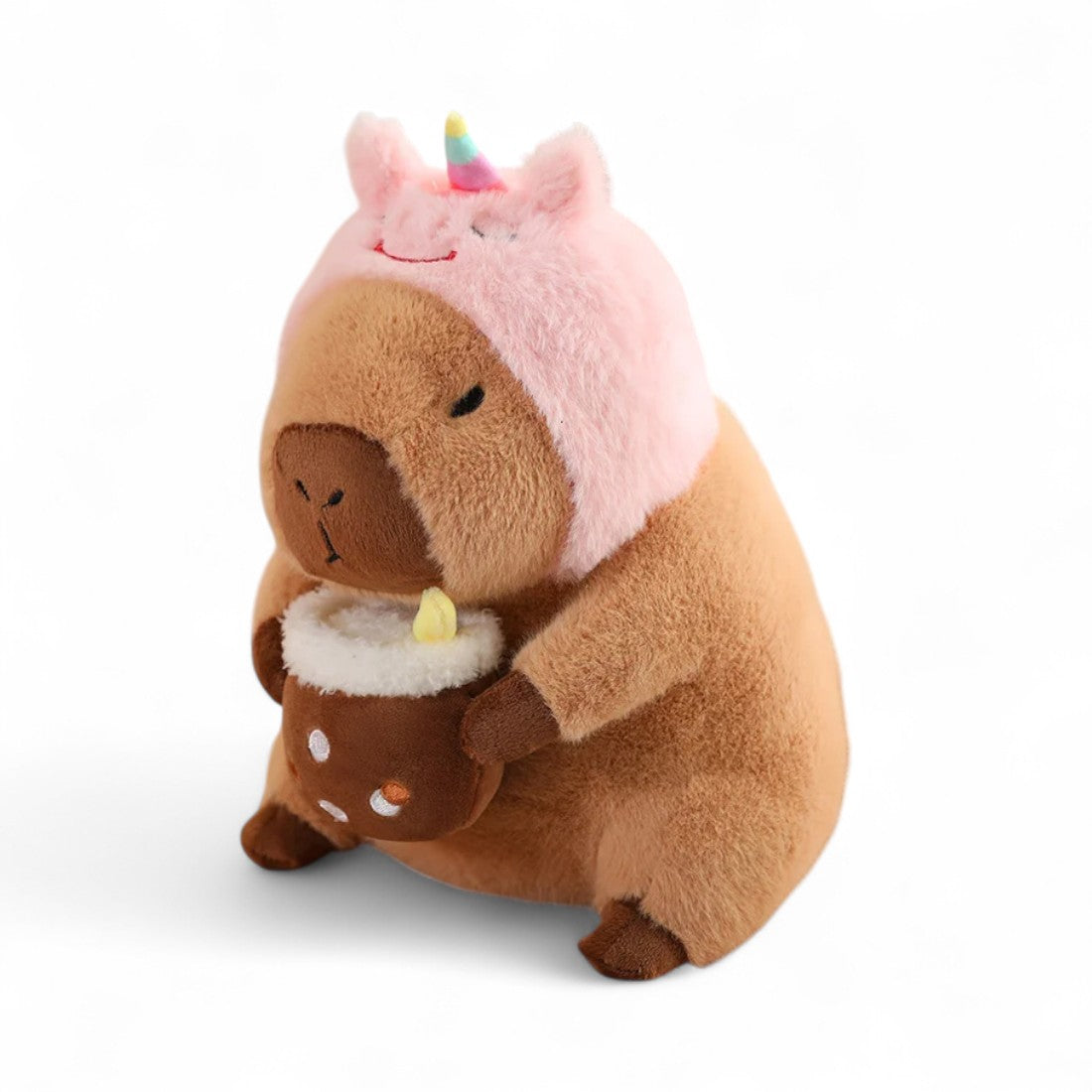 Peluche capybara avec boisson et bonnet rigolo