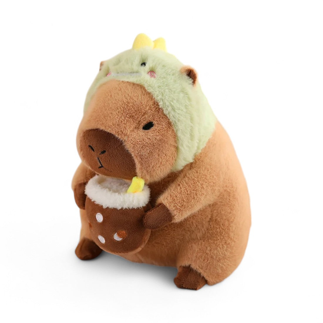 Peluche capybara avec boisson et bonnet rigolo
