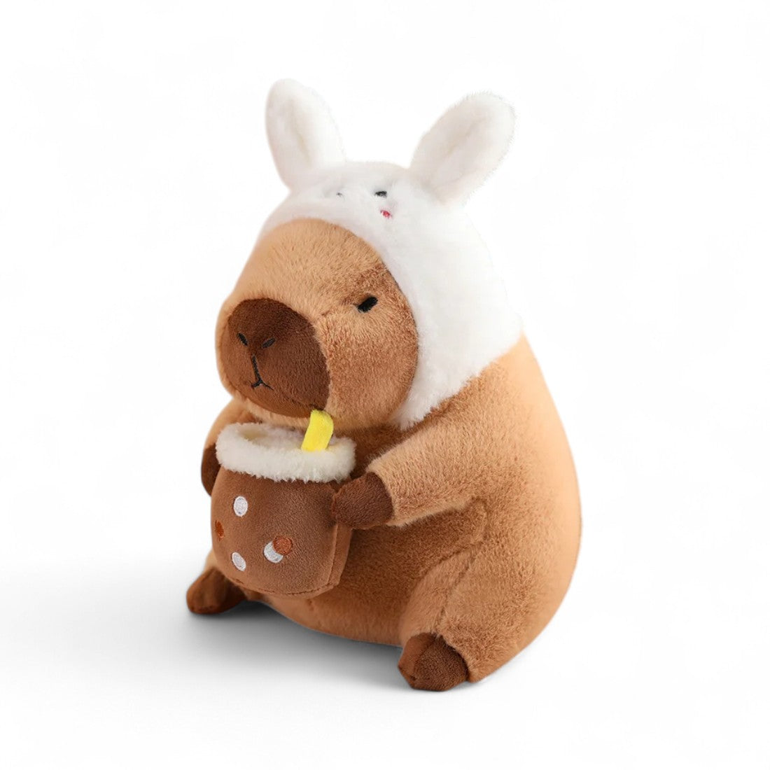Peluche capybara avec boisson et bonnet rigolo