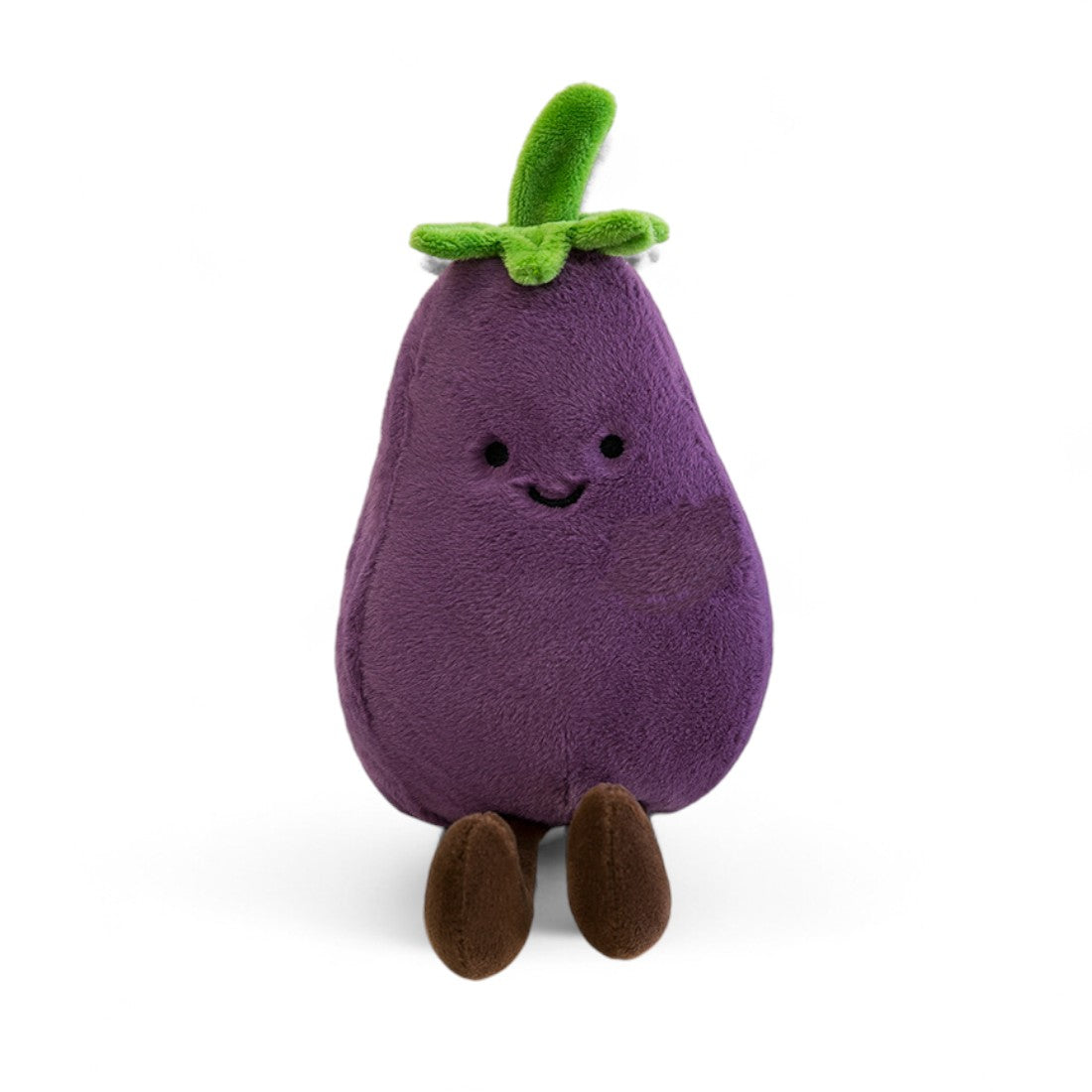 Peluche aubergine kawaii violette avec feuilles vertes et petites jambes marron, souriante, sur fond blanc.