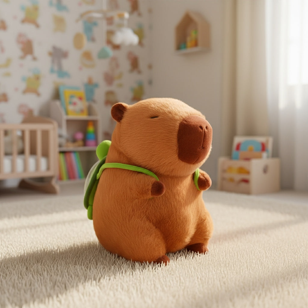 Capybara en peluche avec sac à dos tortue