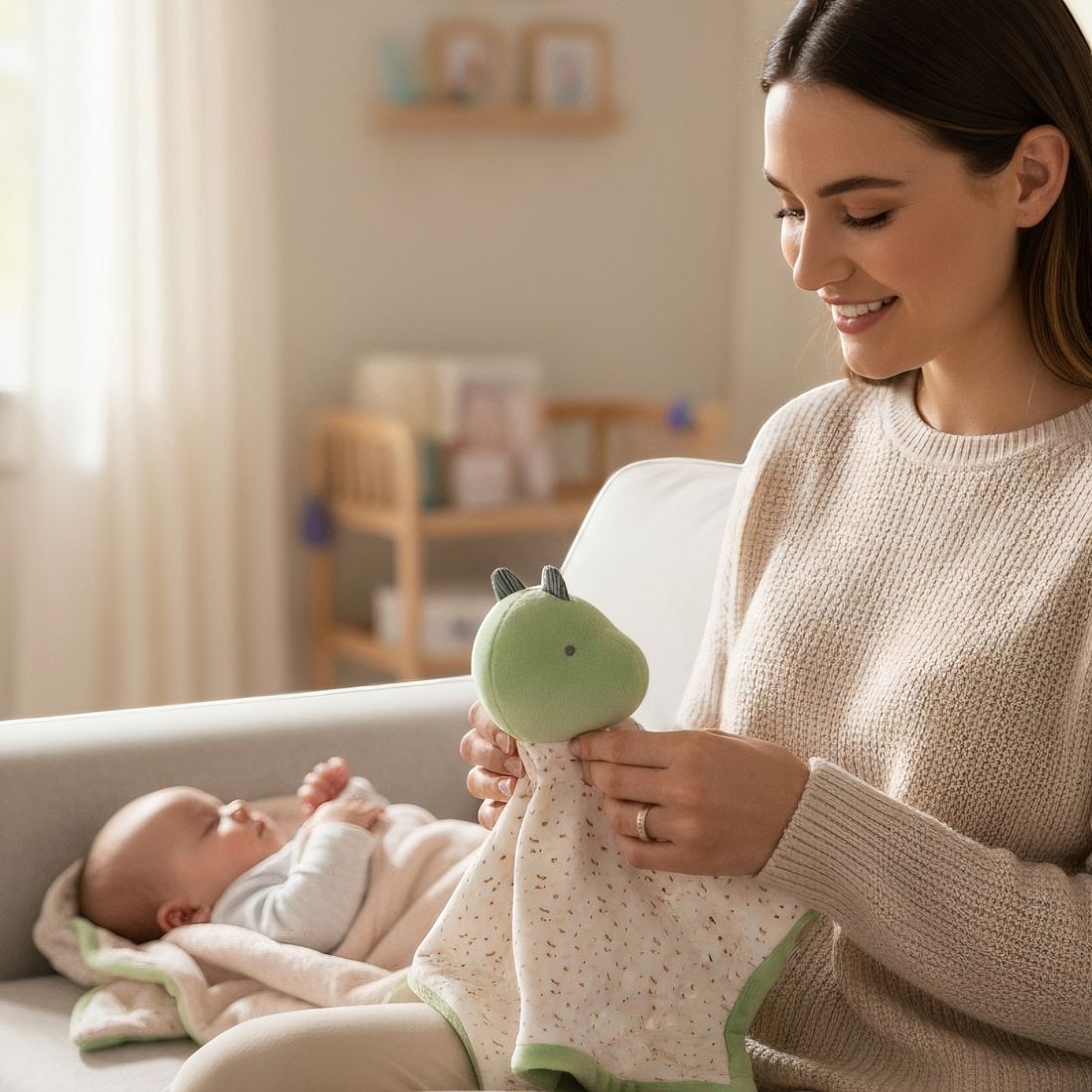 Doudou carré peluche douce dinosaure pour bébé