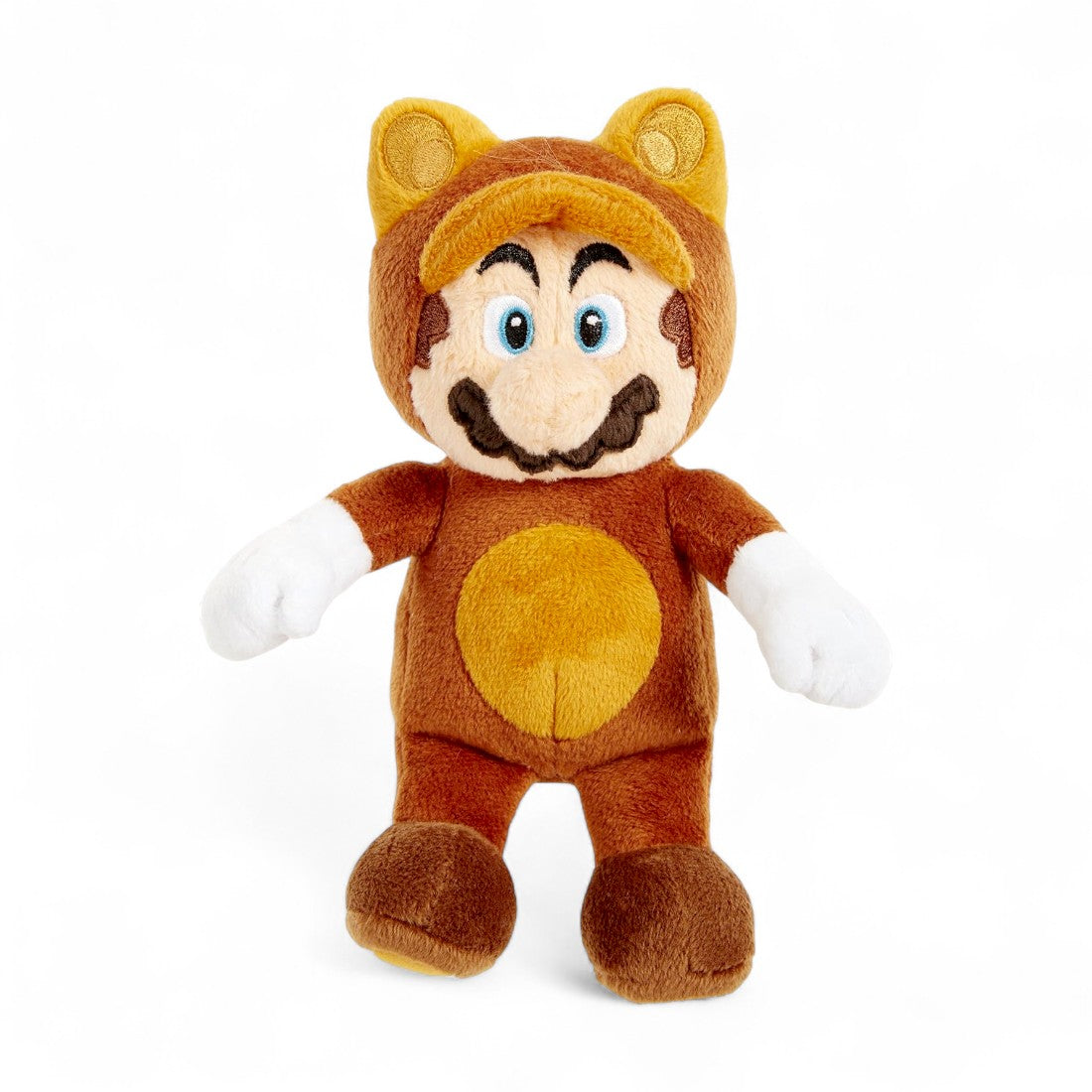 Peluche Mario Tanooki Super Mario Bros, 20,5 cm, combinaison marron, ventre jaune, sur fond blanc.