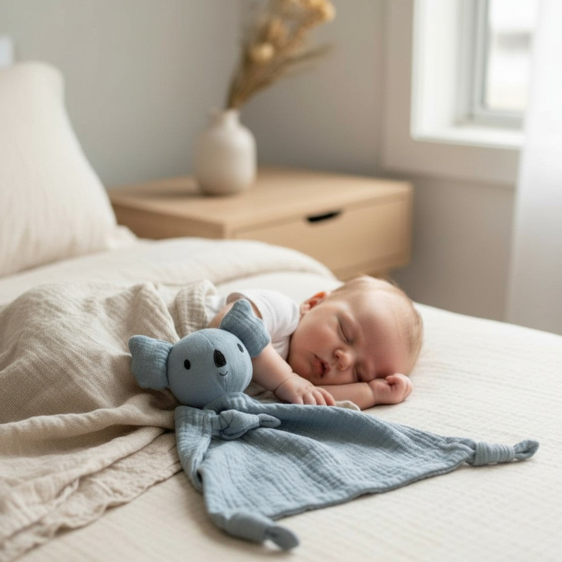 Peluche doudou koala bleu en gaze de coton