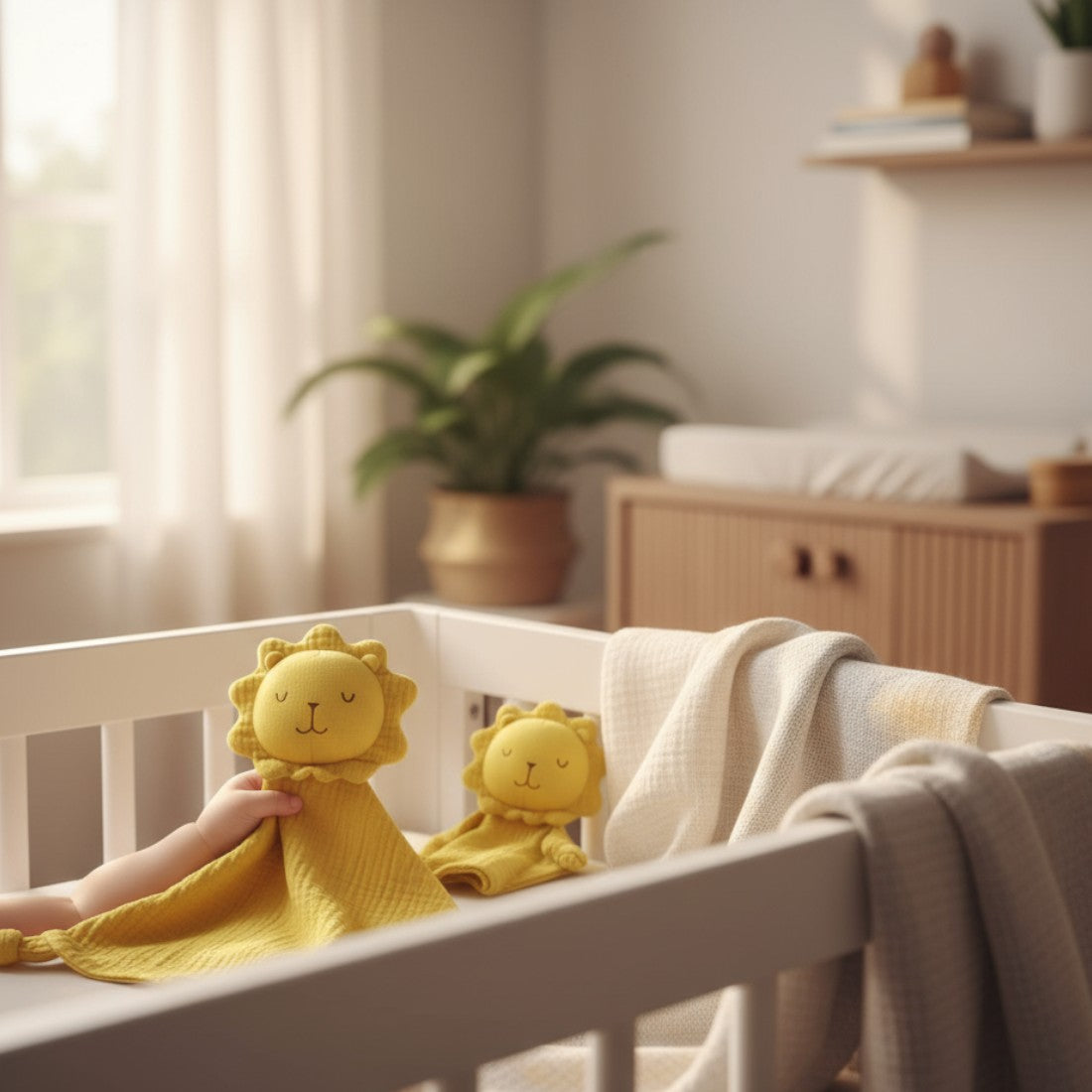 Peluche doudou lion jaune en gaze de coton