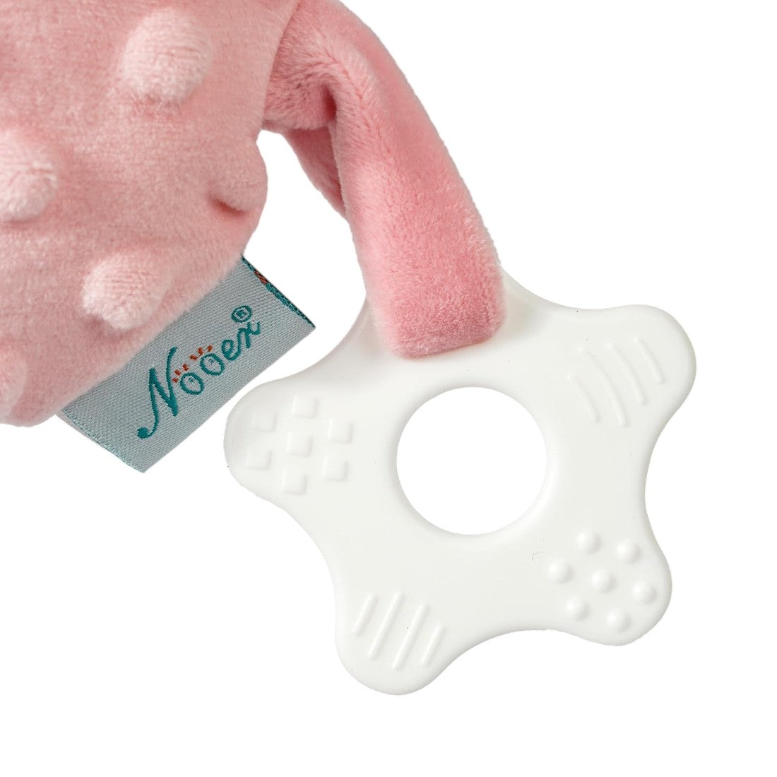 Peluche lapin rose à salopette à pois et col rayé