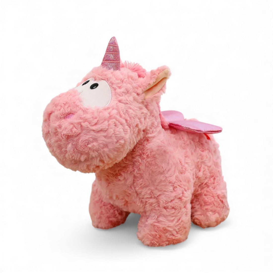 Peluche licorne rose pelage bouclé avec ailes brillantes