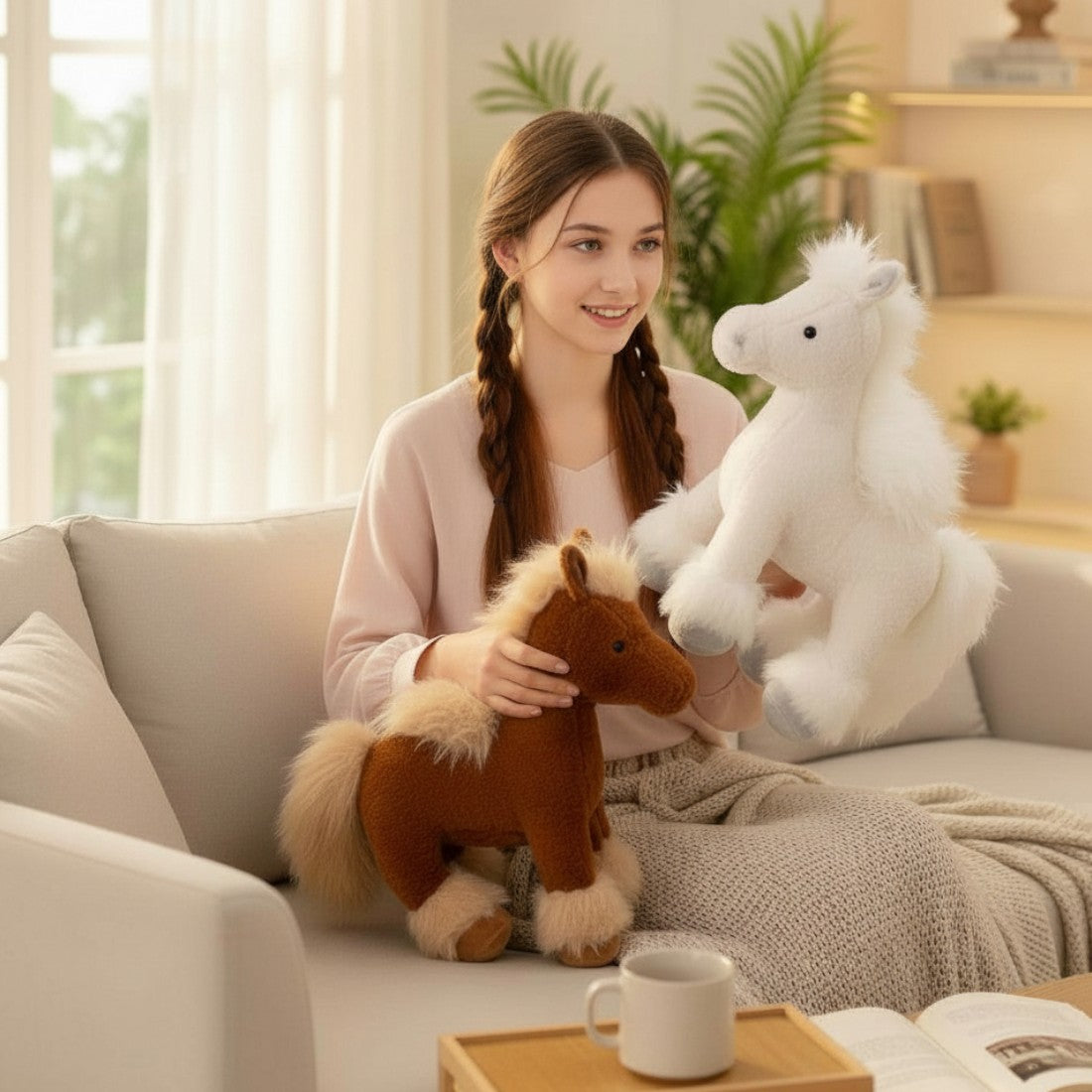 Cheval en peluche moelleux à crinière soyeuse