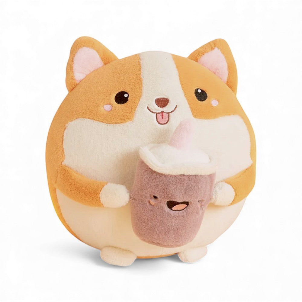 Coussin peluche type Squishmallow shiba avec boisson