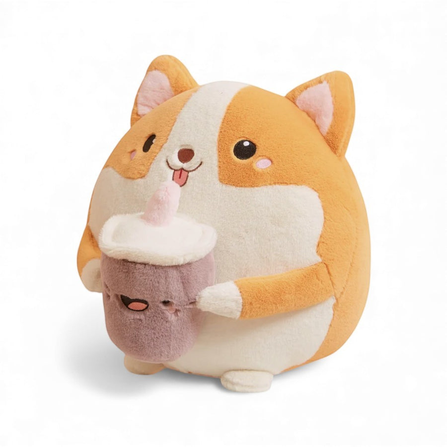 Coussin peluche squishy shiba avec boisson