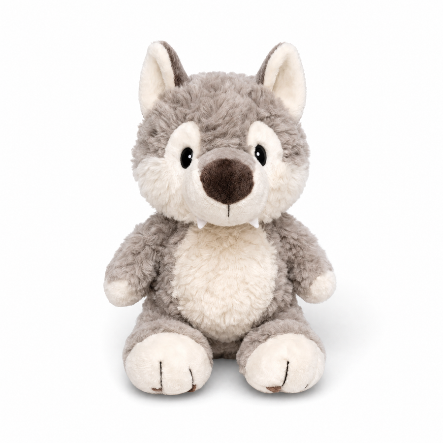 Grauer Wolf Kuscheltier für Kinder sitzend - Fond blanc frontal
