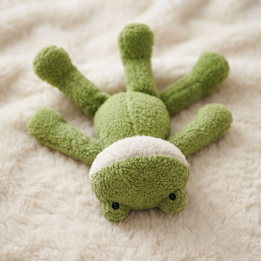 Grüner Frosch Kuscheltier mit langen Beinen weich - Détail matière