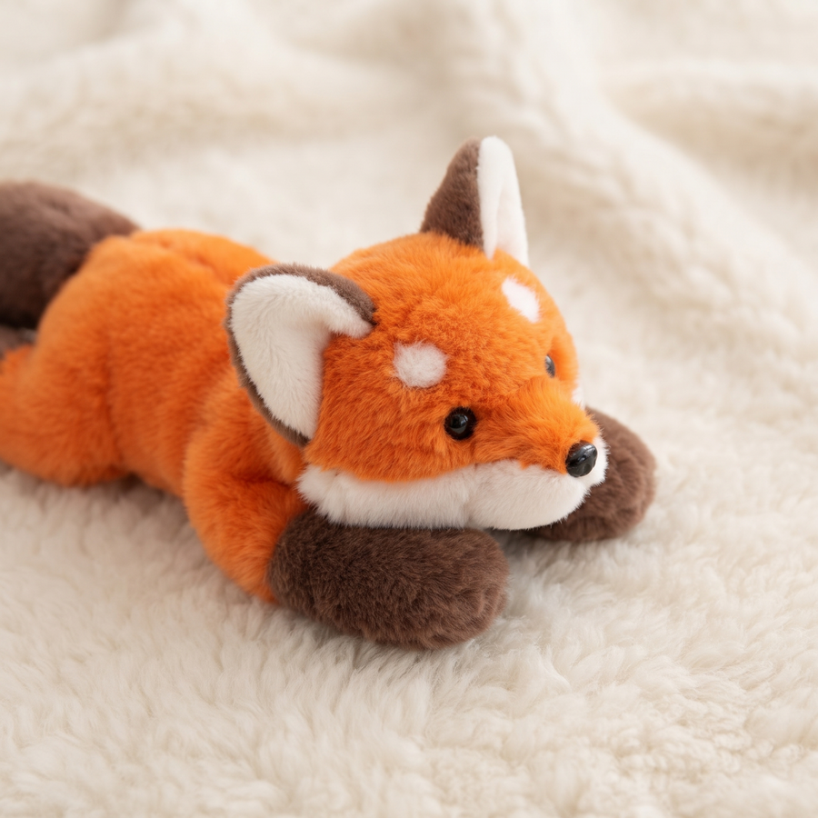 Liegendes Fuchs Kuscheltier in hellem Orange und Weiß - Détail matière