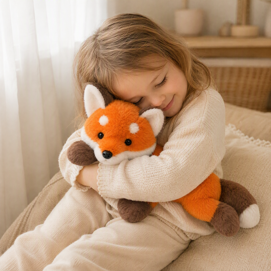 Liegendes Fuchs Kuscheltier in hellem Orange und Weiß - Utilisation cosy intérieur
