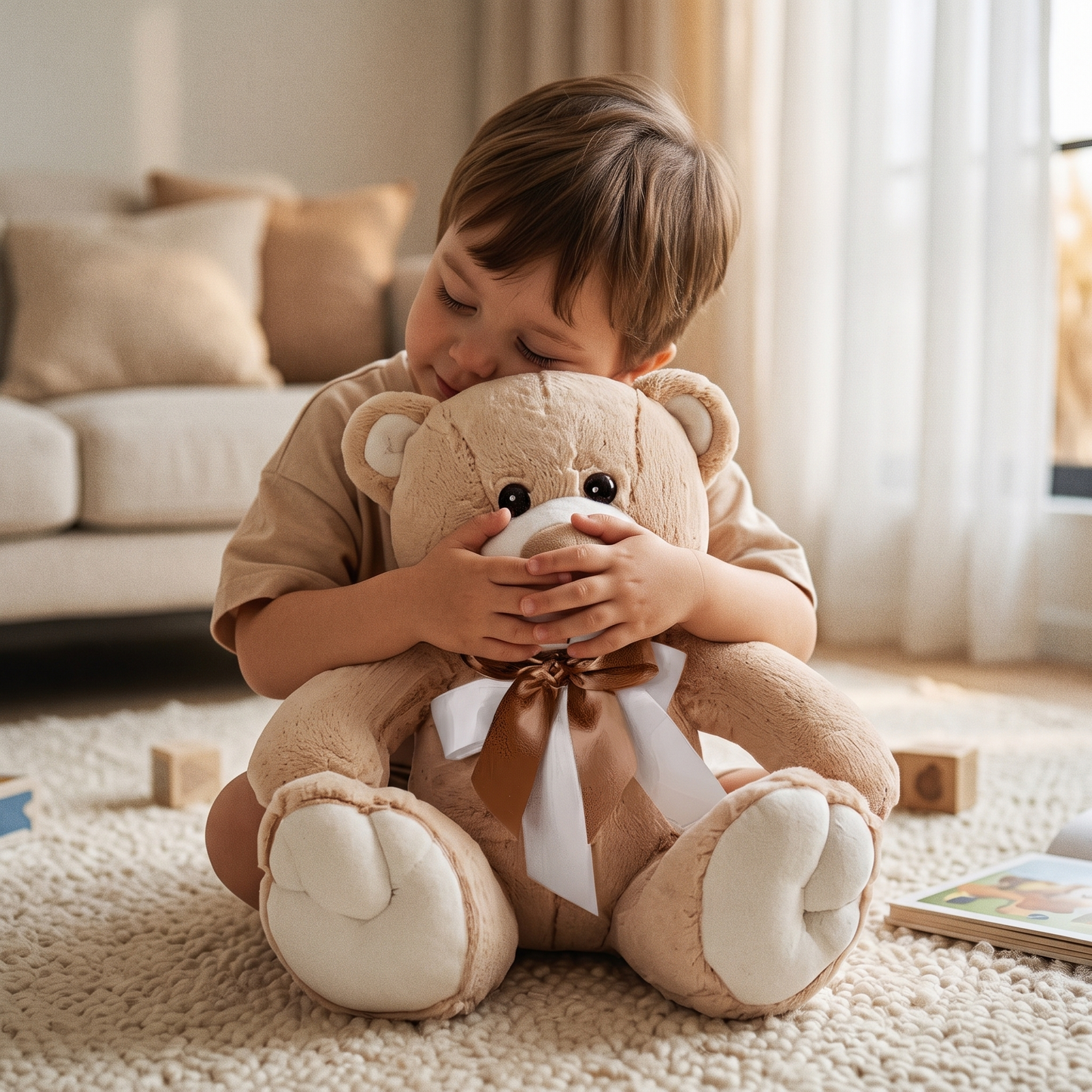 Ours en Peluche Beige et Blanc avec Nœud Doré - Utilisation cosy intérieur