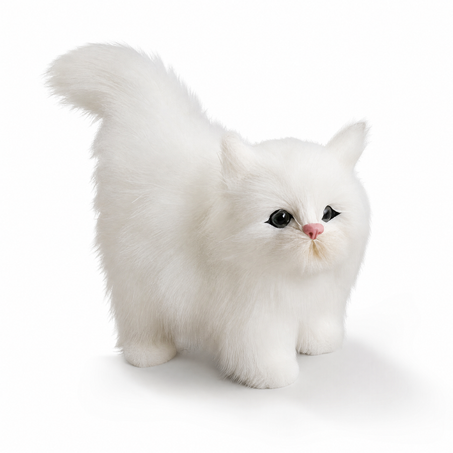 Peluche Chaton Blanc à Poils Longs - Fond blanc frontal