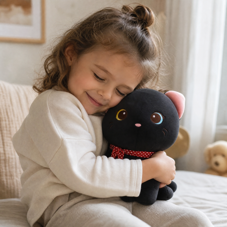 Peluche Chaton Noir Yeux Vairons - Utilisation cosy intérieur
