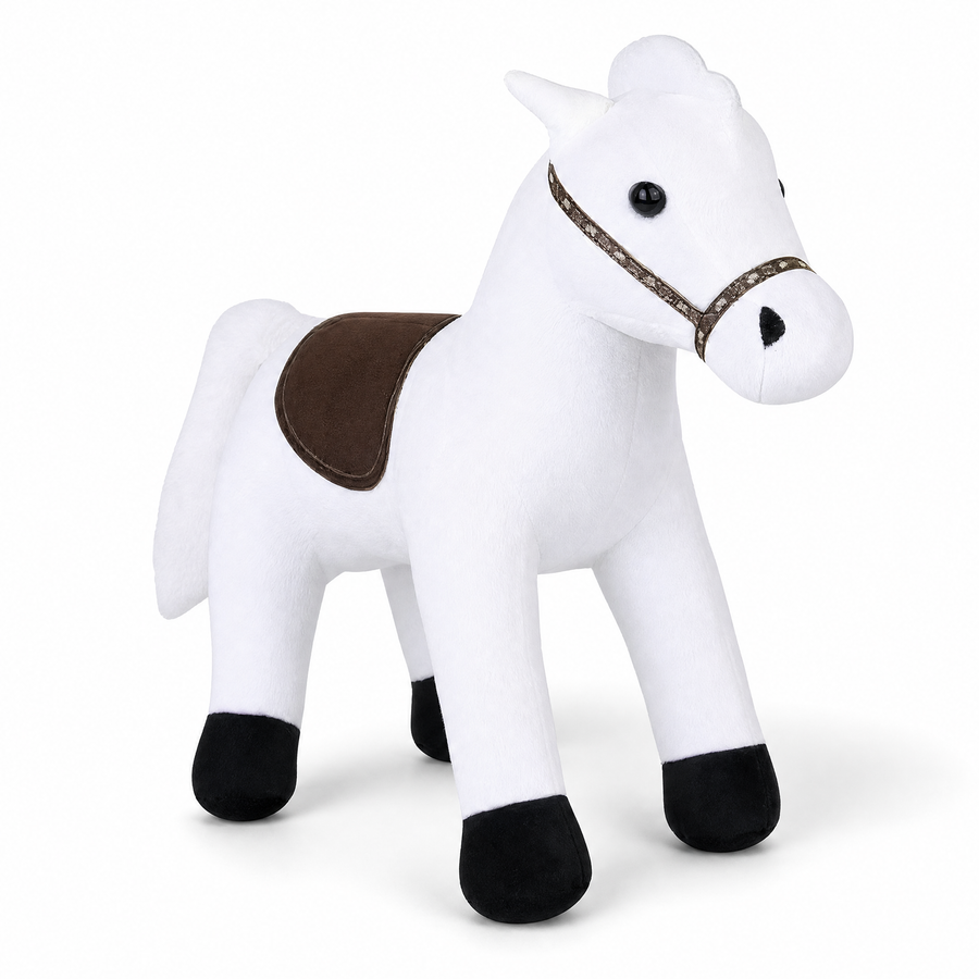 Peluche Cheval Blanc Selle Marron 35 cm - Fond blanc frontal