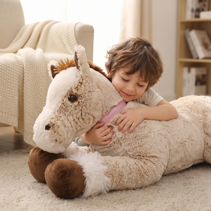 Peluche Cheval Géante Beige Couchée 90 cm - Utilisation cosy intérieur