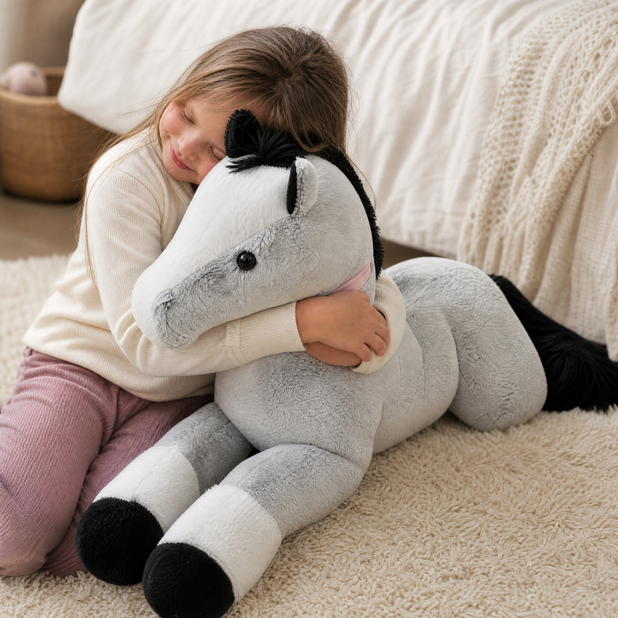 Peluche Cheval Géante Gris Bleu 90cm - Utilisation cosy intérieur