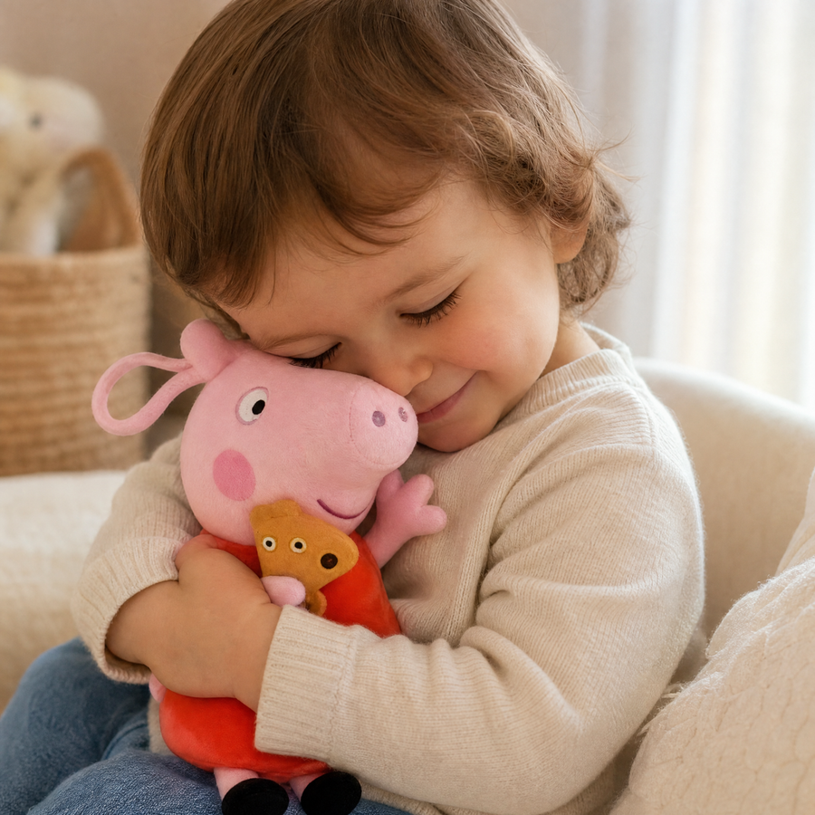 Peluche Cochon Rose Assise avec Ourson - Utilisation cosy intérieur