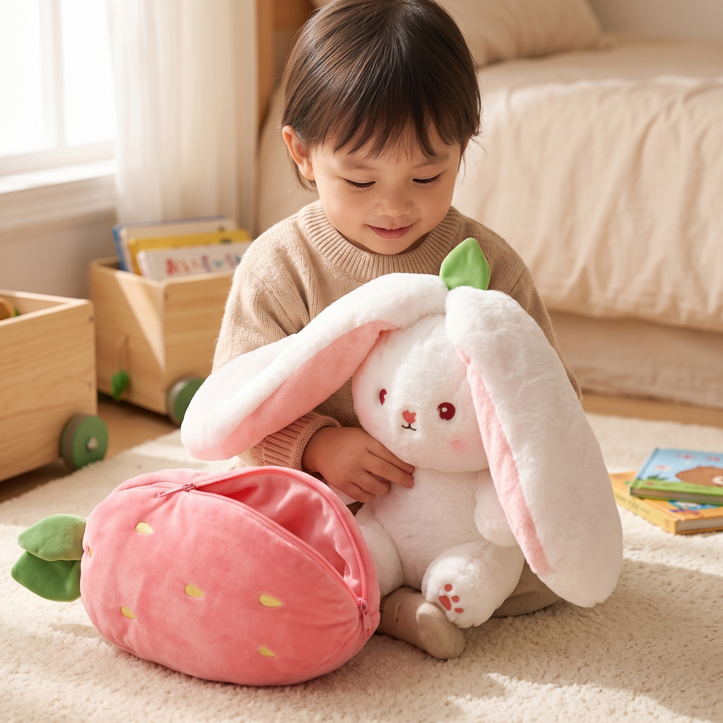 Peluche Lapin Fraise Transformable 2 en 1 - Utilisation cosy intérieur
