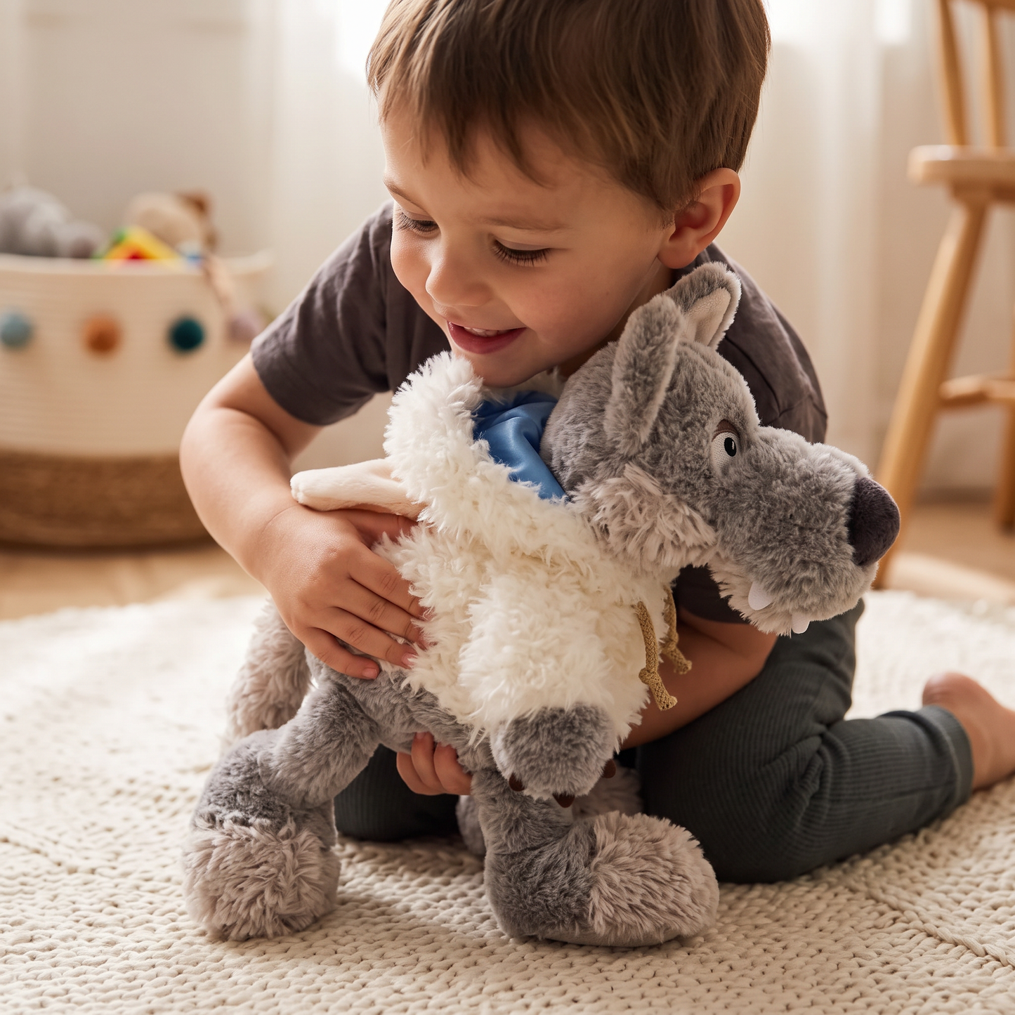 Peluche Loup Déguisé en Mouton Blanc - Utilisation cosy intérieur