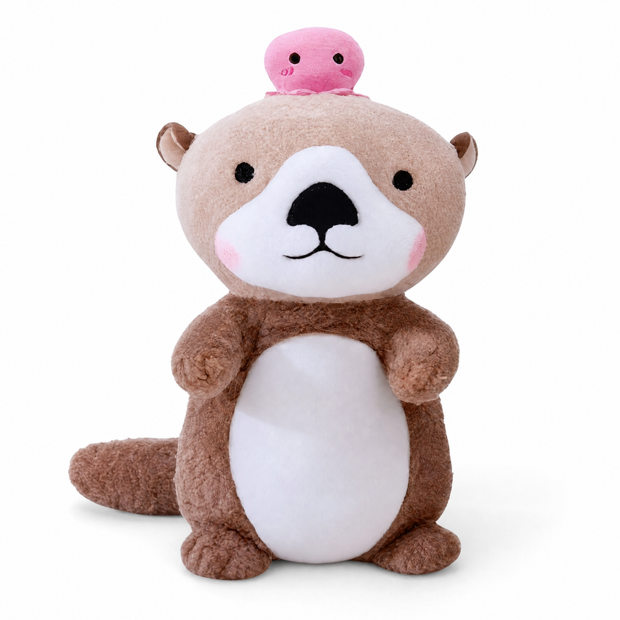 Peluche Loutre avec Poulpe Rose - Fond blanc frontal