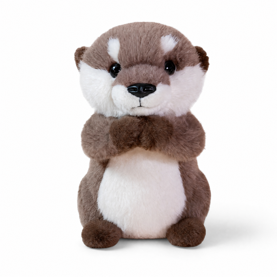 Peluche Loutre Debout 25 cm Marron Blanc - Fond blanc frontal