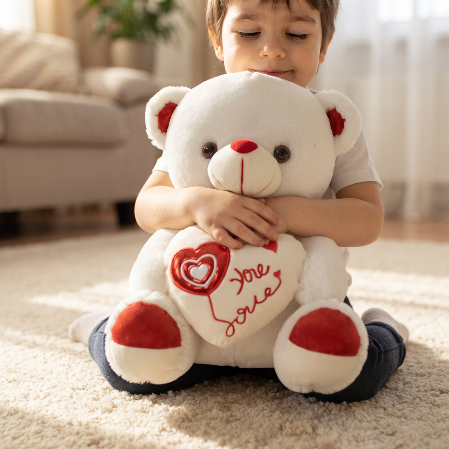 Peluche Ourson Saint Valentin Blanc avec Cœur Love - Utilisation cosy intérieur
