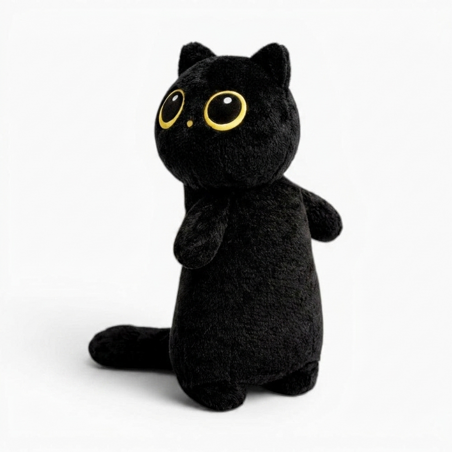 Schwarze Katze Plüschkissen Kawaii Kuscheltier - Fond blanc angle