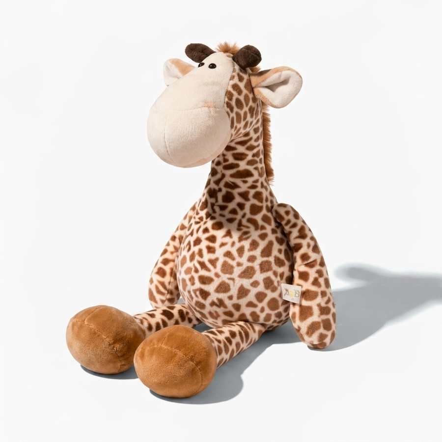 Sitzendes Giraffen Kuscheltier mit großen Hufen - Fond blanc angle
