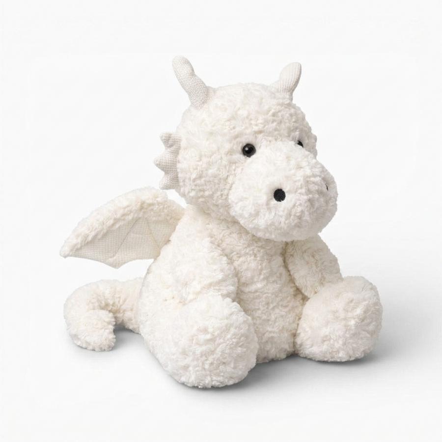 Weißes Drachen Kuscheltier mit Flügeln - Fond blanc angle