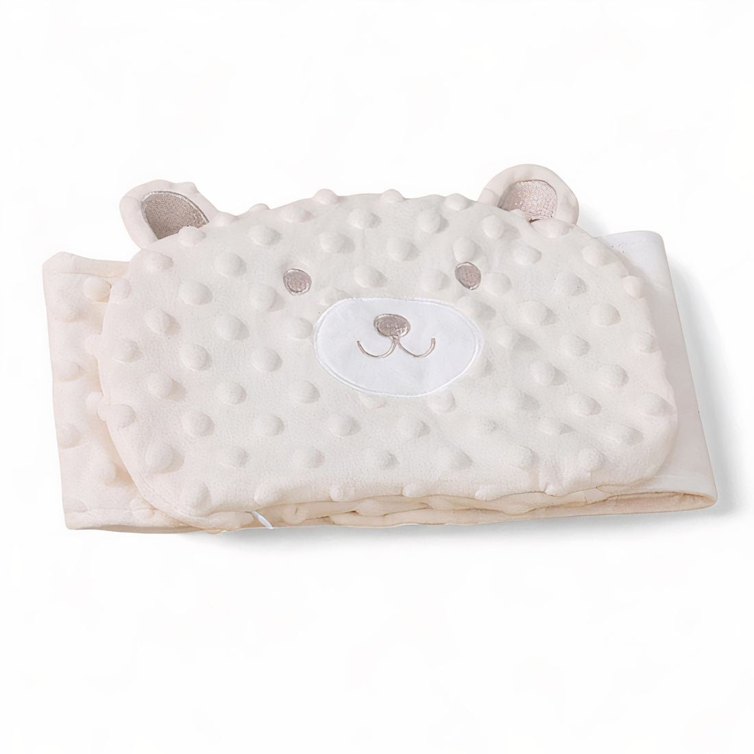 Bouillotte tour de ventre ours en texture peluche, ceinture réglable, sur fond blanc.