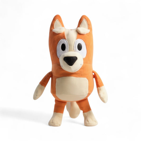 Peluche douce Bingo Heeler petite sœur de Bluey, orange et beige, en coton, sur fond blanc.
