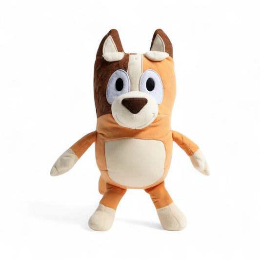 Peluche douce Chili Heeler maman de Bluey, orange et marron, sur fond blanc.
