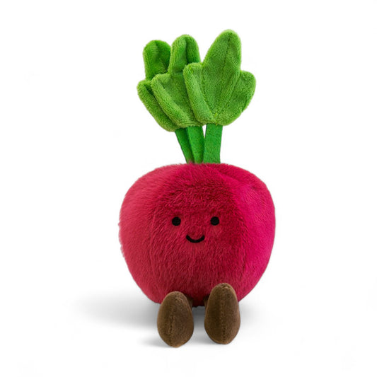Peluche kawaii représentant une betterave pétillante, ronde et bordeau, avec de grandes feuilles vertes et des pieds marron souriants, sur fond blanc