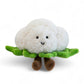 Peluche kawaii représentant un chou-fleur blanc moelleux, avec des feuilles vertes en tissu et des petites jambes marron souriantes, sur fond blanc.