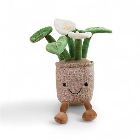 Peluche kawaii représentant une fleur de lune dans un pot souriant, avec des pieds marrons, sur fond blanc.