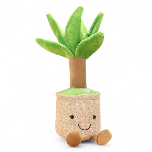 Peluche kawaii représentant un yucca en pot souriant, avec des pieds marrons, sur fond blanc