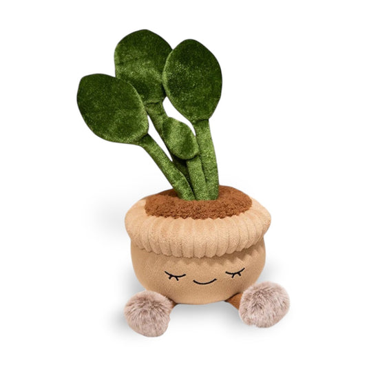 Peluche plante en pot rond kawaii avec visage souriant, sur fond blanc.