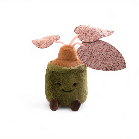 peluche plante kawaii en pot vertn avec 3 feuilles roses, souriant sur fond blanc