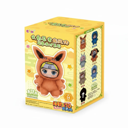 Boîte en carton colorée jaune, avec une photo de la peluche naruto déguisé en écureil range duveteux sur le devant, sur fond blanc.