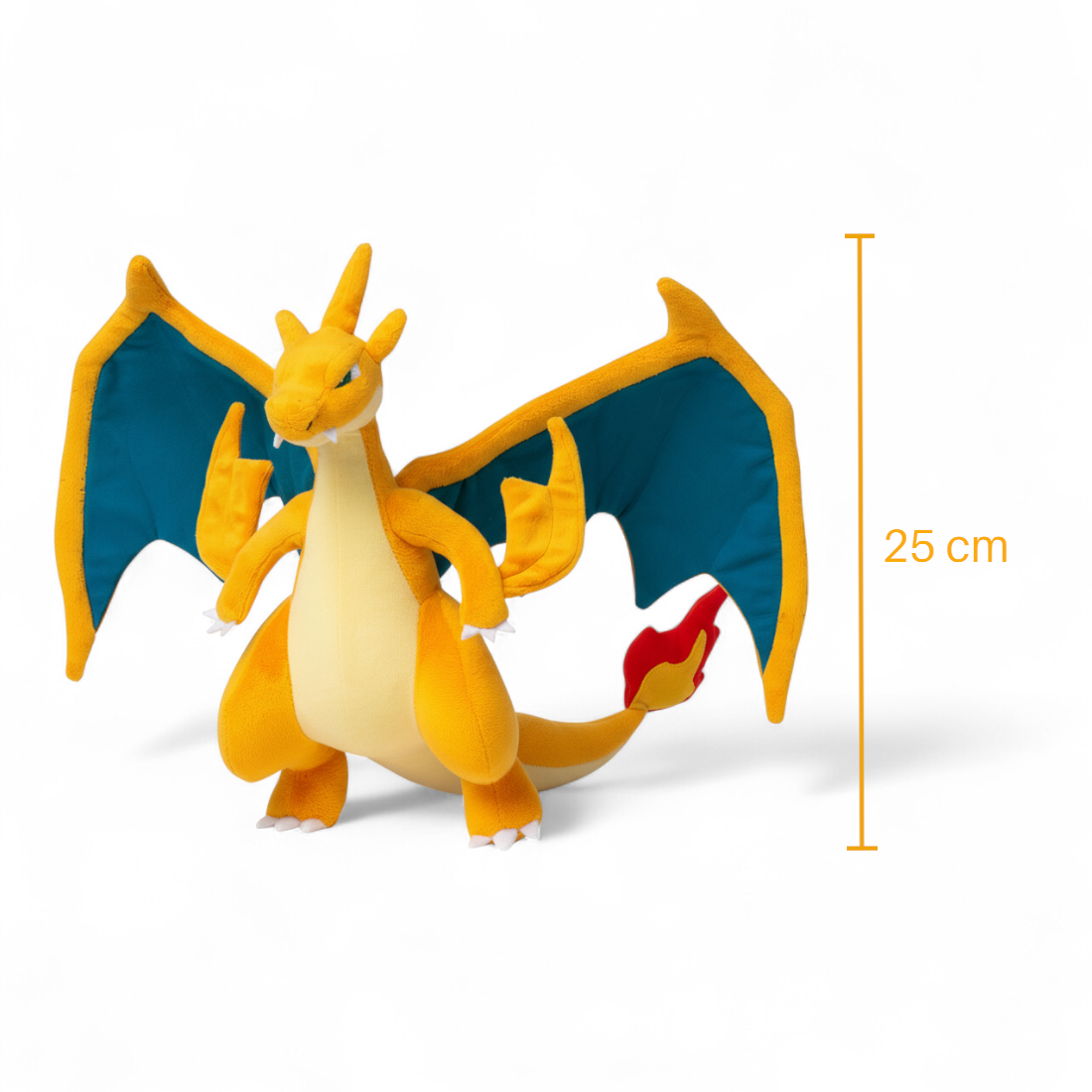 peluche pokémon - dracaufeu rugissant - schéma des dimensions, 25 cm de haut